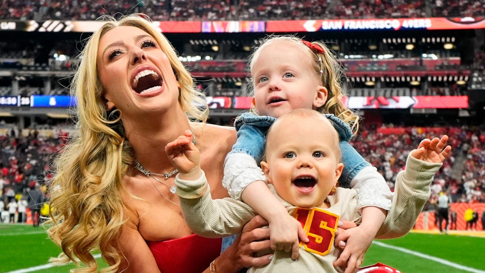 PHOTO: Brittany Mahomes poses for a photo with her children before the NFL Super Bowl 58 football game between the San Francisco 49ers and the Kansas City Chiefs, Feb. 11, 2024, in Las Vegas.