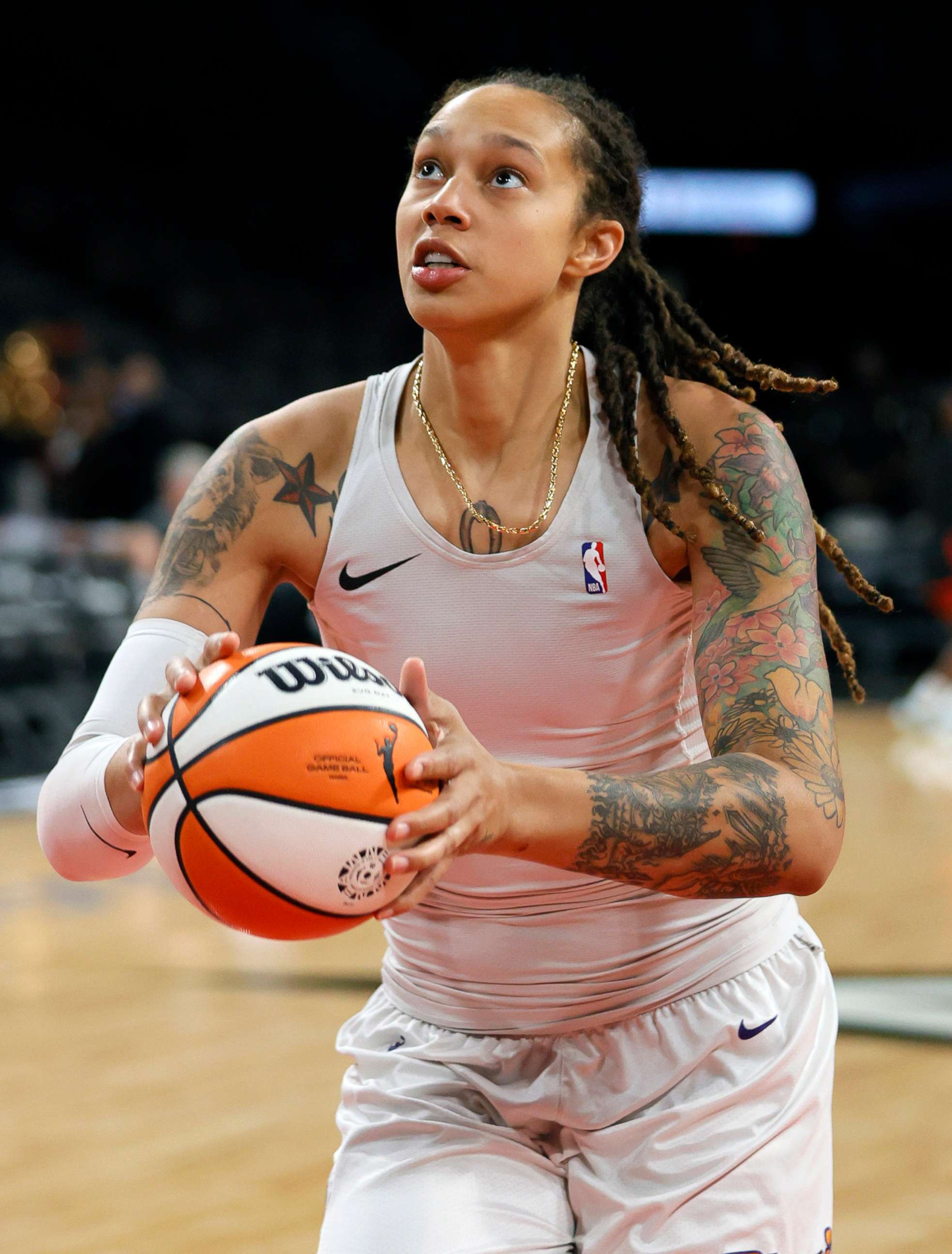 PHOTO: Brittney Griner #42 of the Phoenix Mercury warms up before Game Five of the 2021 WNBA Playoffs semifinals against the Las Vegas Aces at Michelob ULTRA Arena on Oct. 8, 2021 in Las Vegas.