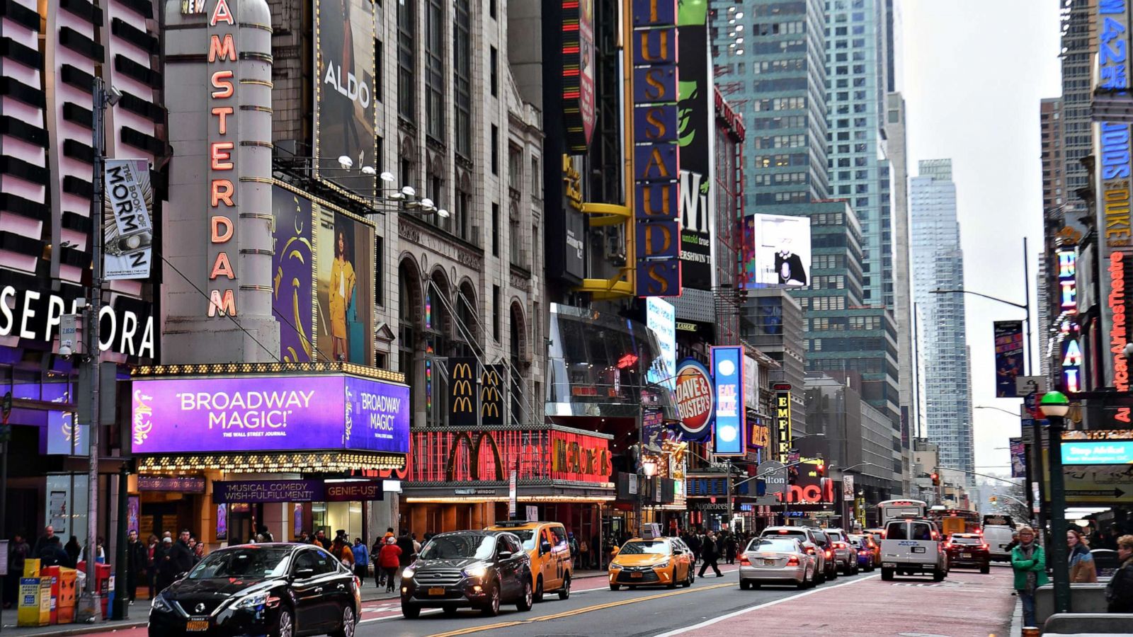 PHOTO: A view of the theater district along 42nd Street, on March 12, 2020, in New York City.