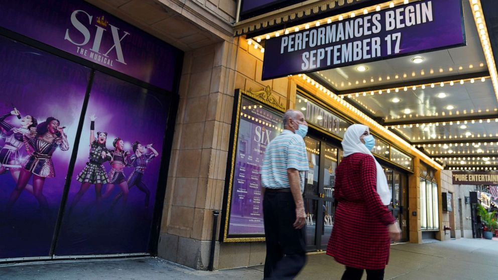 PHOTO: Pedestrians walk past a Broadway theater in New York, July 2, 2021.
