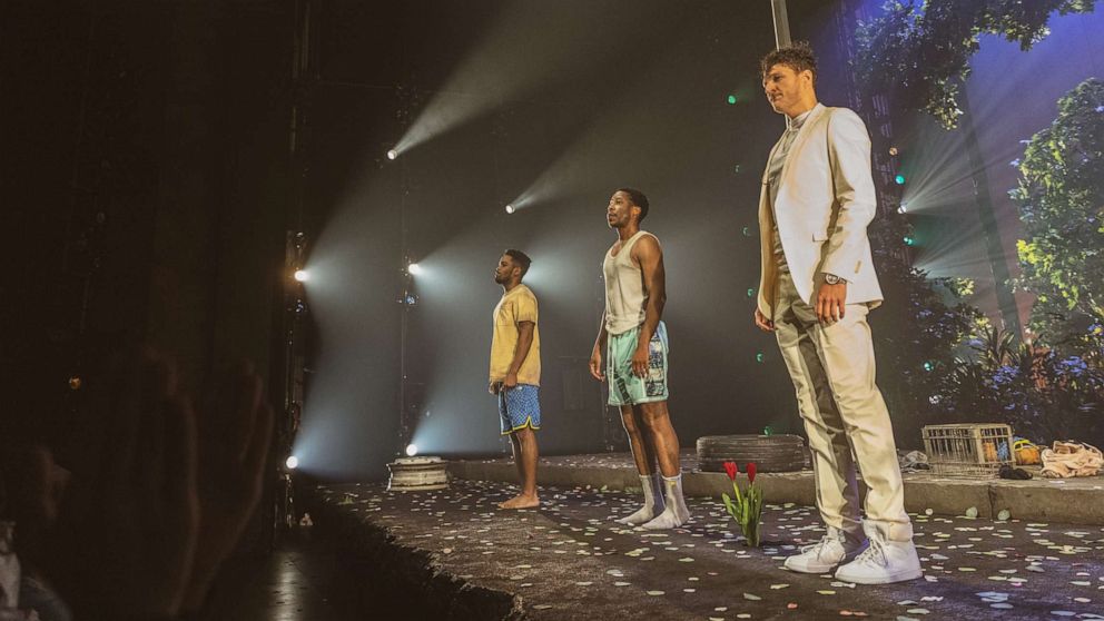 PHOTO: From left: Jon Michael Hill, Namir Smallwood and Gabriel Ebert make a curtain call after the first performance of "Pass Over," at the August Wilson Theatre in New York, Aug. 4, 2021.