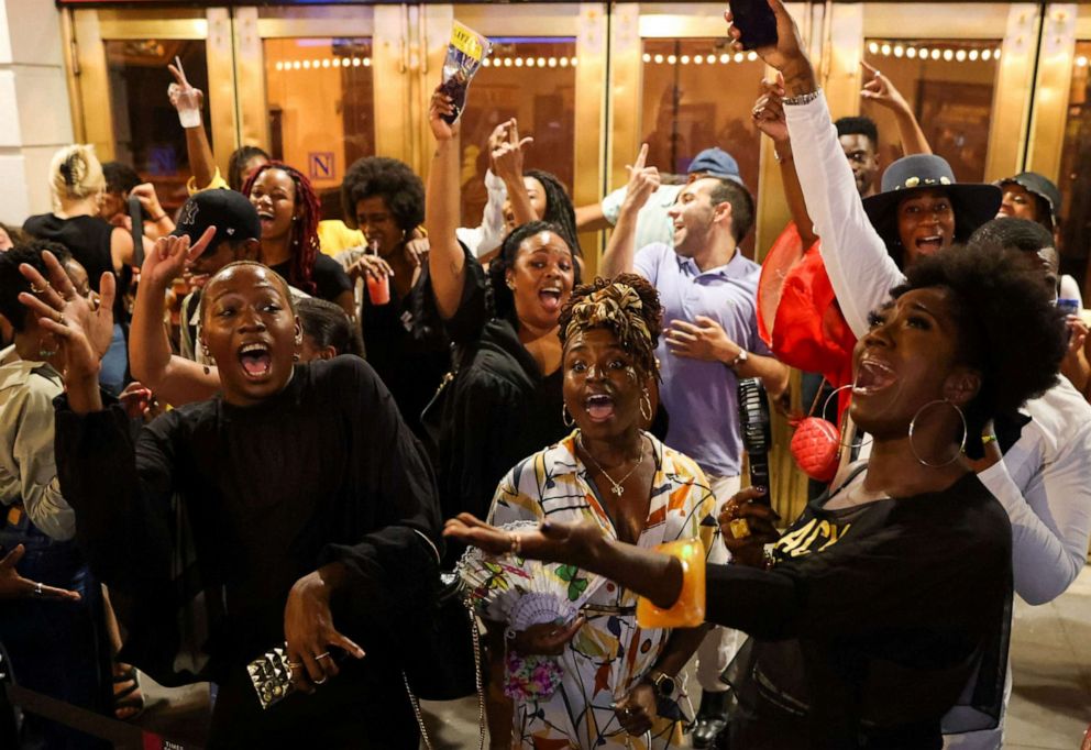 PHOTO: People dance to DJ Ari Grooves at a block party after attending the opening night of previews for "Pass Over," at the August Wilson Theatre in New York, Aug. 4, 2021.