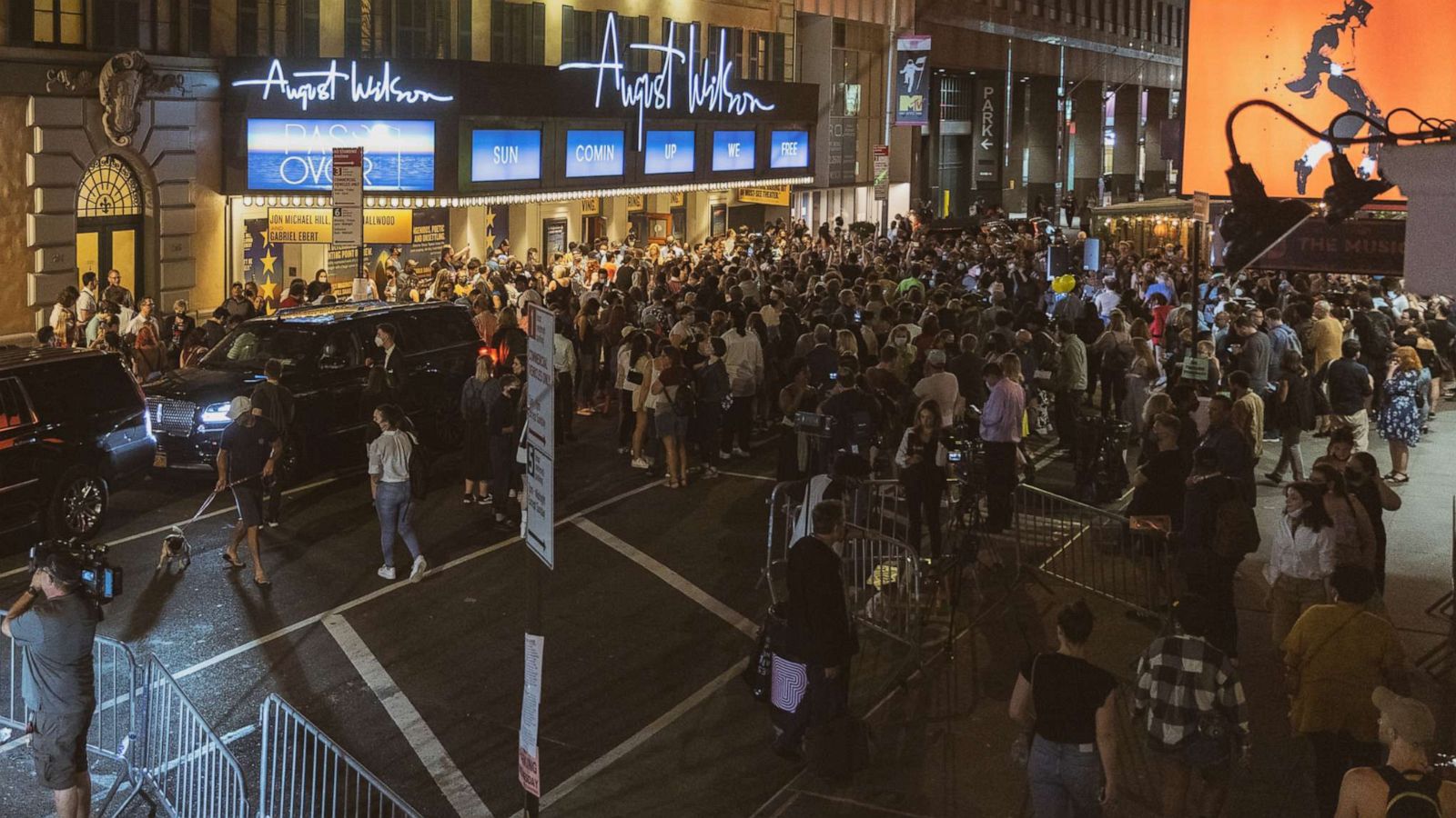 PHOTO: A block party celebrates the first performance of "Pass Over," outside the August Wilson Theatre in New York, Aug. 4, 2021.