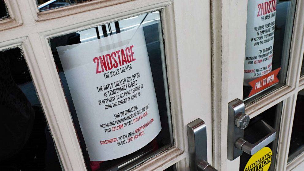 PHOTO: Signs announce a closure on the door of The Helen Hayes Theater on June 29, 2020, in New York City. Broadway will remain closed till at least May 2021 due to the ongoing coronavirus pandemic.