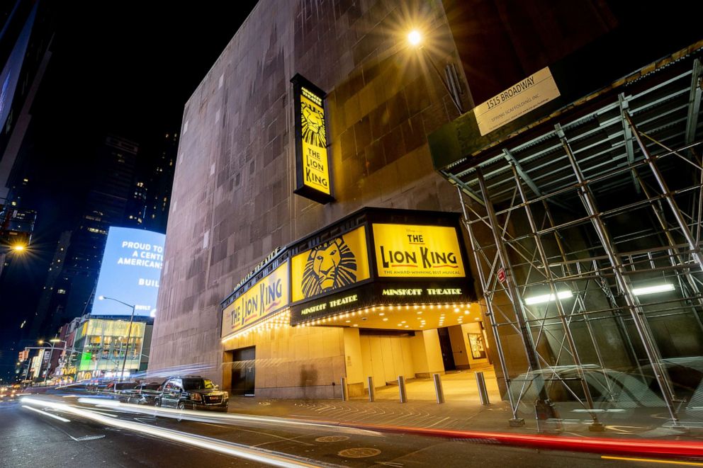 PHOTO: A view of the entrance of the Minskoff Theater that usually shows "The Lion King" in Times Square during the coronavirus pandemic on Oct. 18, 2020 in New York City. 