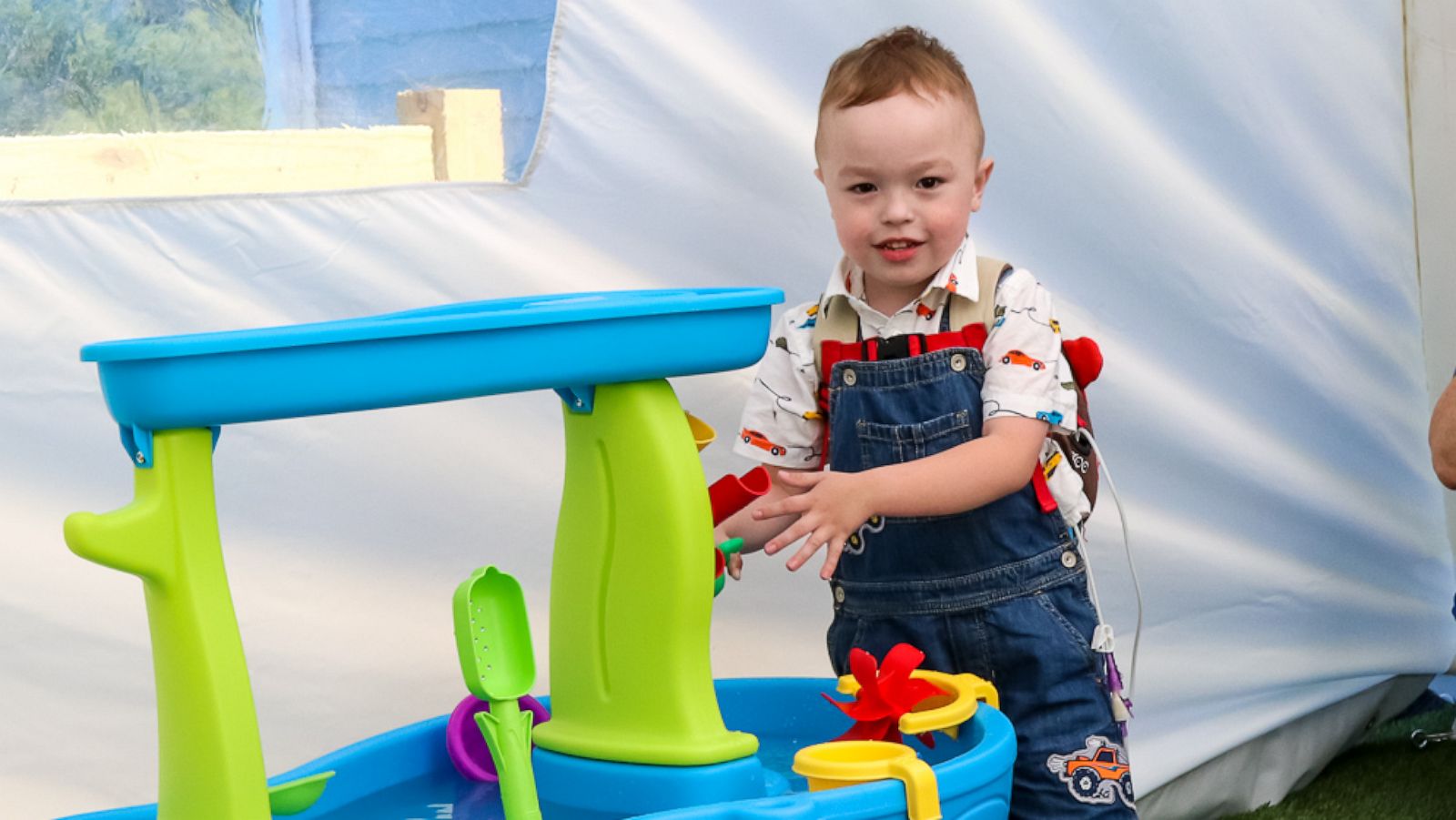 PHOTO: Brody, 4, of Griswold, Connecticut, plays in the tented outdoor area made for him by Make-A-Wish Connecticut.