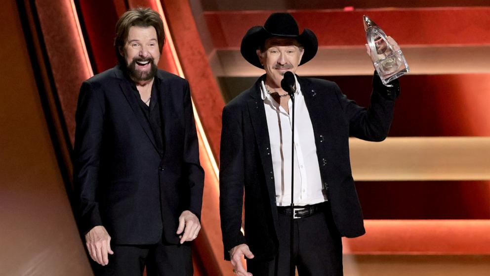 PHOTO: Ronnie Dunn, left, and Kix Brooks of Brooks & Dunn, accept the Vocal Duo of the Year Award onstage during The 58th Annual CMA Awards, Nov. 20, 2024, in Nashville, Tenn.