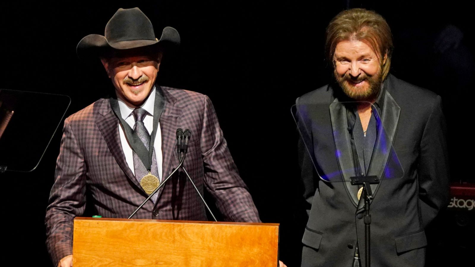 PHOTO: Kix Brooks and Ronnie Dunn speak after being inducted into the Country Music Hall of Fame at 2019 Medallion Ceremony at the Country Music Hall of Fame and Museum on Oct. 20, 2019 in Nashville, Tenn.