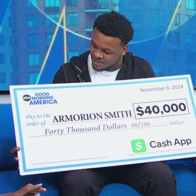 PHOTO: Armorion Smith and his brother Armond get surprised on the "Good Morning America" set in New York on Nov. 6, 2024.