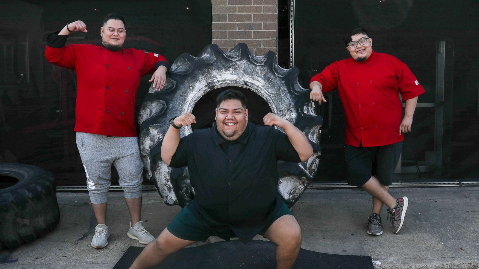 PHOTO: Abe Pena, from left, and his brothers Gustavo Pena and Rudy Pena pose for a portrait, Aug. 6, 2020, at Texas Elite Fitness in Houston.