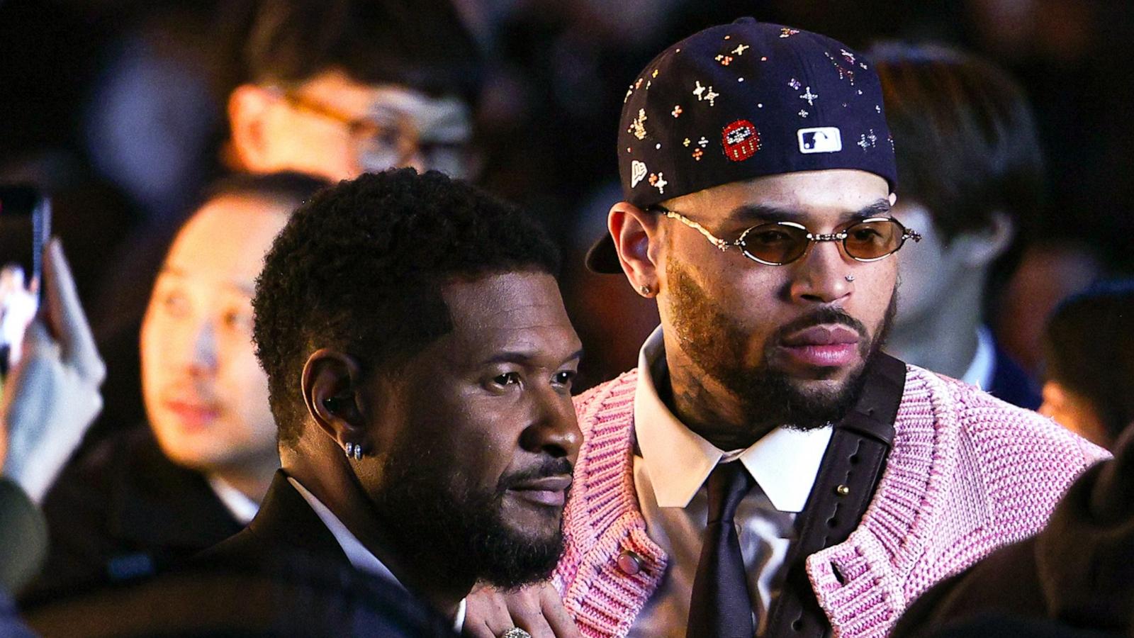 PHOTO: Usher and Chris Brown attend the Louis Vuitton Menswear Fall/Winter 2026-2027 show as part of Paris Fashion Week on January 20, 2026 in Paris, France.