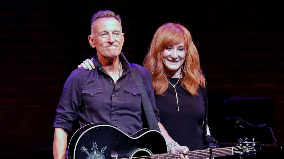 PHOTO: Bruce Springsteen and Patti Scialfa take a bow during reopening night of "Springsteen on Broadway" at St. James Theatre, June 26, 2021, in New York City.