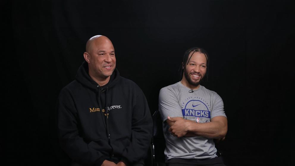 PHOTO: New York Knicks star Jalen Brunson and his father, Knicks assistant coach Rick Brunson, speak with ABC News' Will Reeve in an interview that aired on "Good Morning America" on June 8, 2026.