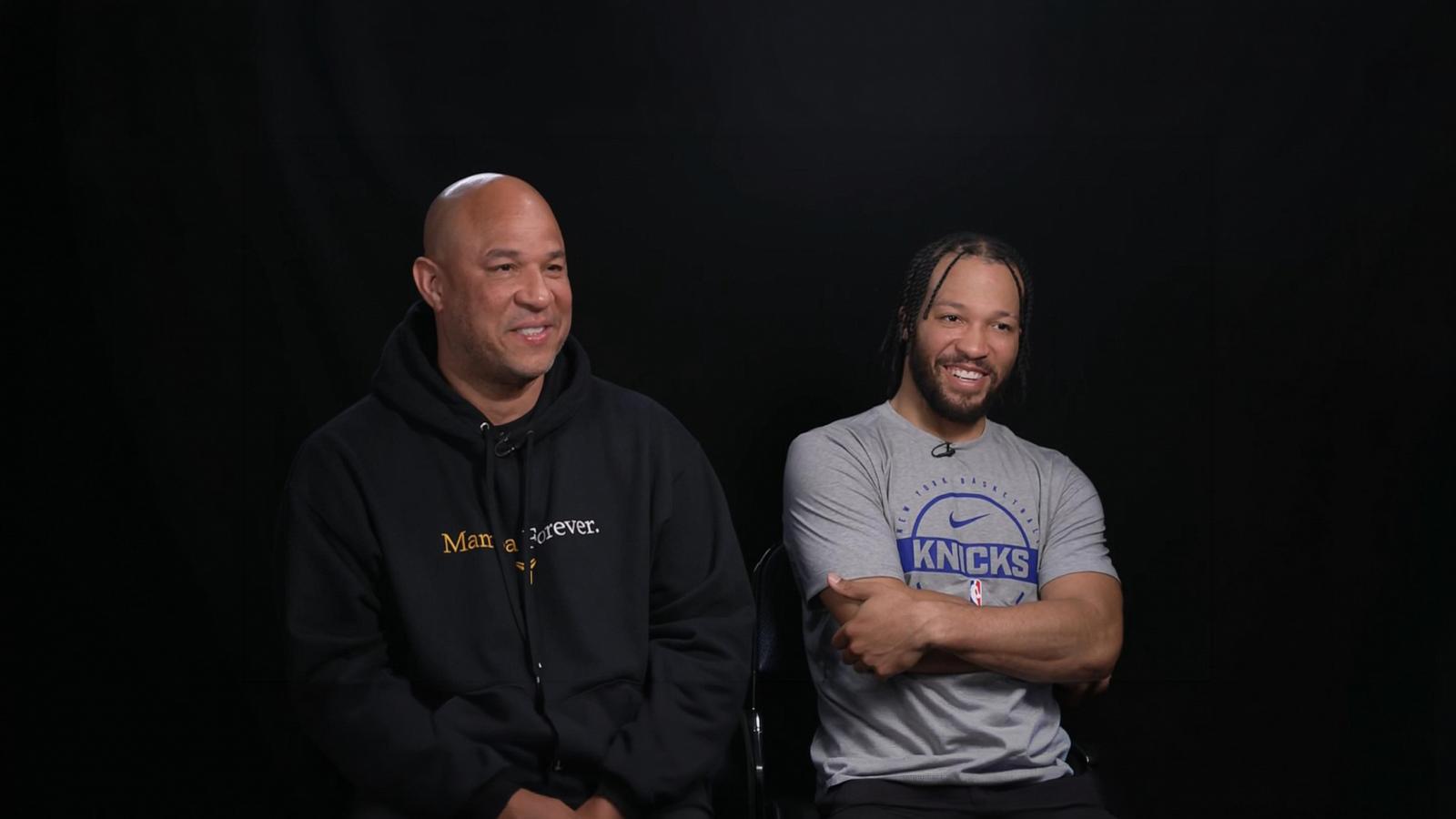PHOTO: New York Knicks star Jalen Brunson and his father, Knicks assistant coach Rick Brunson, speak with ABC News' Will Reeve in an interview that aired on "Good Morning America" on June 8, 2026.