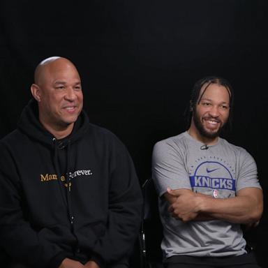 PHOTO: New York Knicks star Jalen Brunson and his father, Knicks assistant coach Rick Brunson, speak with ABC News' Will Reeve in an interview that aired on "Good Morning America" on June 8, 2026.