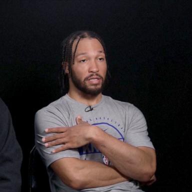 PHOTO: New York Knick Jalen Brunson and his father, Knicks Assistant Coach Rick Brunson, speak to “Good Morning America” ahead of Game 3 of the 2026 NBA Finals.