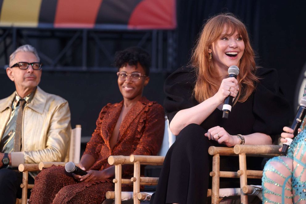 PHOTO: In this June 11, 2022, file photo, Jeff Goldblum, DeWanda Wise, and Bryce Dallas Howard speak onstage during an event in Universal City, Calif.