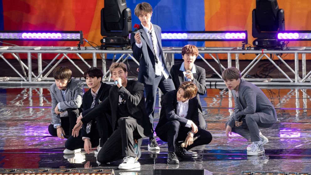 Kim Tae-hyung, Park Ji-min, Jungkook, Suga, Kim Seok-jin, RM and J-Hope of BTS perform on "Good Morning America," May 15, 2019 in New York City.
