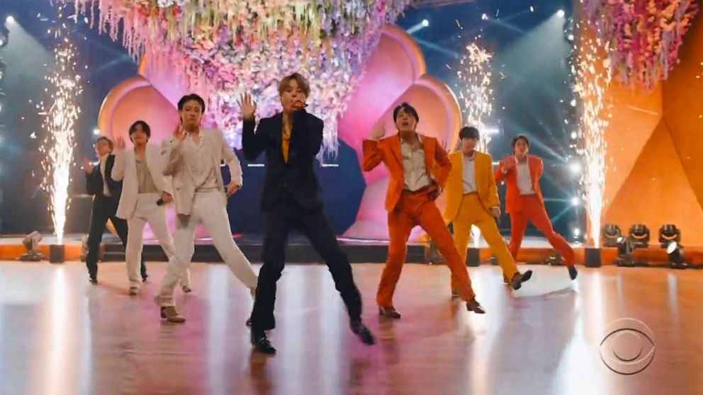 PHOTO: In this video grab provided by CBS and the Recording Academy, BTS performs "Dynamite" at the 63rd annual Grammy Awards at the Los Angeles Convention Center, March 14, 2021. 