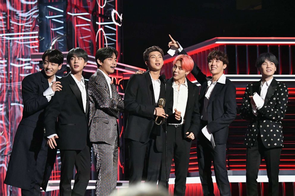 PHOTO: J-Hope, V, Jungkook, Jimin, Suga, Jin, and RM of BTS accept Top Duo/Group onstage during the 2019 Billboard Music Awards on May 1, 2019, in Las Vegas.