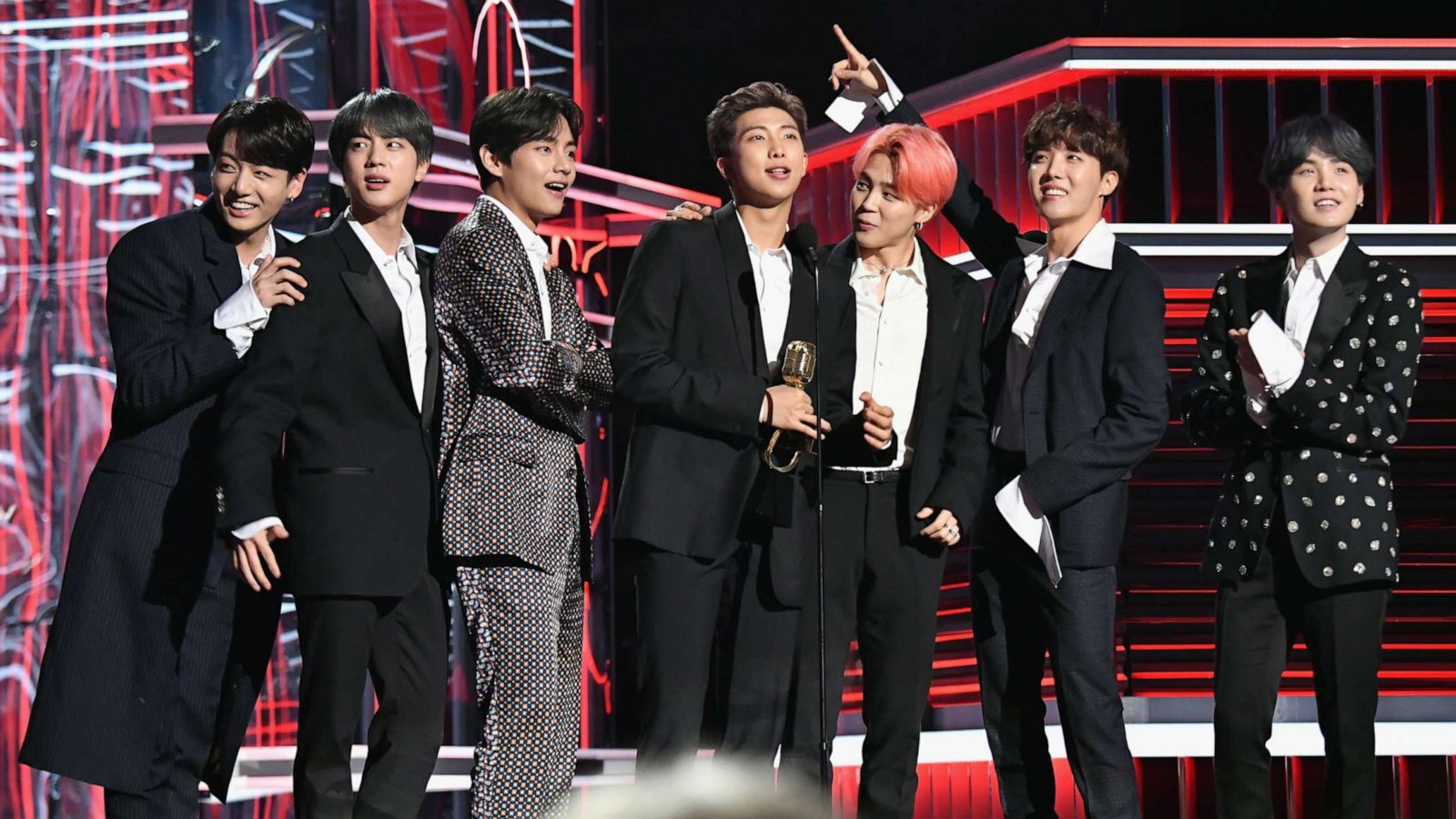 PHOTO: J-Hope, V, Jungkook, Jimin, Suga, Jin, and RM of BTS accept Top Duo/Group onstage during the 2019 Billboard Music Awards on May 1, 2019, in Las Vegas.