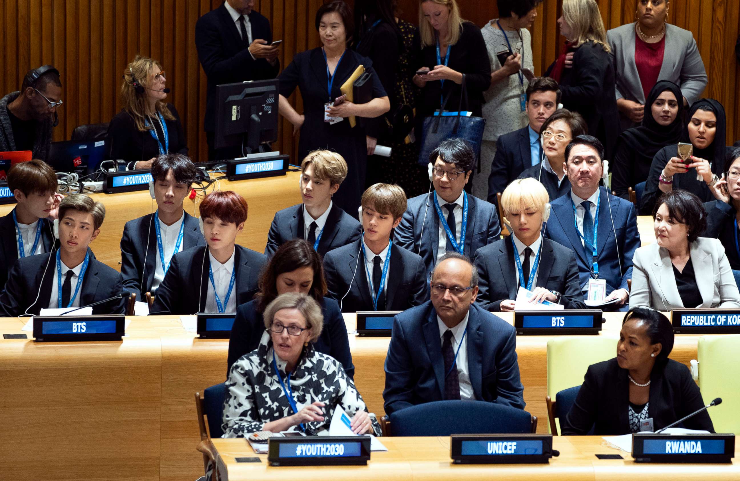 PHOTO: Members of the Korean K-Pop group BTS, center row, attend a meeting at the U.N. high level event regarding youth during the 73rd session of the United Nations General Assembly, at U.N. headquarters, Sept. 24, 2018.