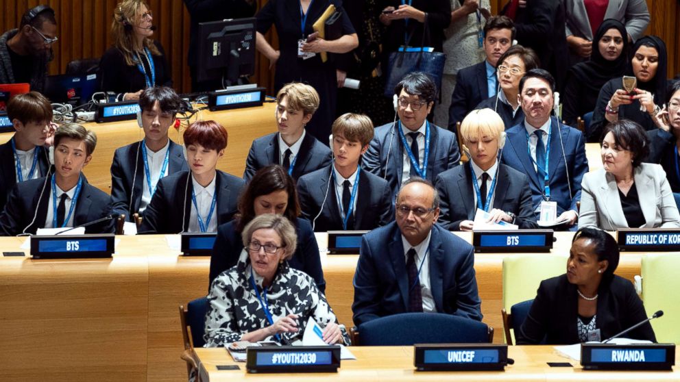 PHOTO: Members of the Korean K-Pop group BTS, center row, attend a meeting at the U.N. high level event regarding youth during the 73rd session of the United Nations General Assembly, at U.N. headquarters, Sept. 24, 2018.