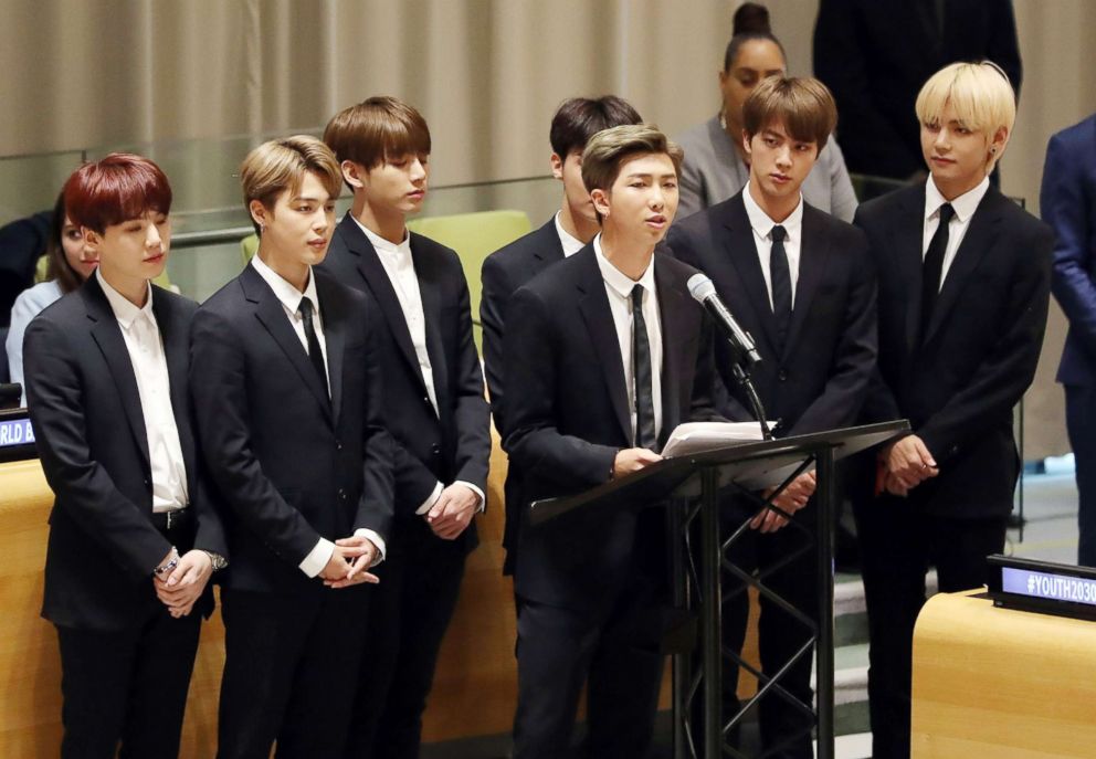 PHOTO: RM , leader of South Korean boy band BTS, speaks during an event at the U.N. headquarters in N.Y., Sept. 24, 2018, to launch a UNICEF's youth campaign, 'Generation Unlimited' that is aimed at promoting education, training and employment.