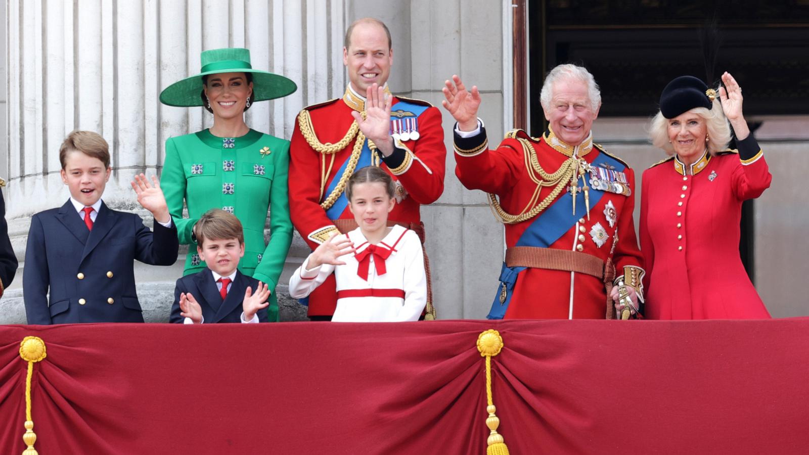 PHOTO: King Charles III and Queen Camilla wave alongside Prince William, Prince of Wales, Prince Louis of Wales, Catherine, Princess of Wales and Prince George of Wales wave on the Buckingham Palace balcony, June 17, 2023 in London.