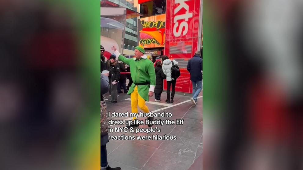 PHOTO: Ryan Beeler dressed up as Buddy the Elf from the 2003 movie "Elf," following a dare from his wife Melissa Beeler. Melissa Beeler captured her husband's movie-inspired antics in a visit to New York City on Dec. 5, 2024.