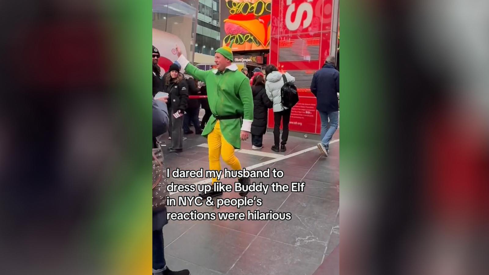 PHOTO: Ryan Beeler dressed up as Buddy the Elf from the 2003 movie "Elf," following a dare from his wife Melissa Beeler. Melissa Beeler captured her husband's movie-inspired antics in a visit to New York City on Dec. 5, 2024.