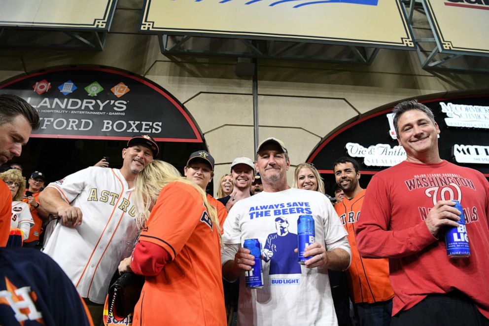 The Bud Light guys poses for a photo during Game 6 of the World Series on Oct. 29, 2019 in Houston, Texas. 