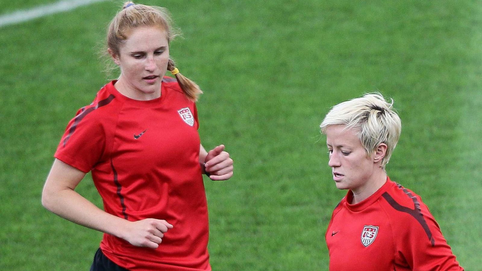 PHOTO: From left, Rachel Buehler and Megan Rapinoe attend the USA team training session at FIFA World Cup Stadium Frankfurt on July 16, 2011 in Frankfurt am Main, Germany.