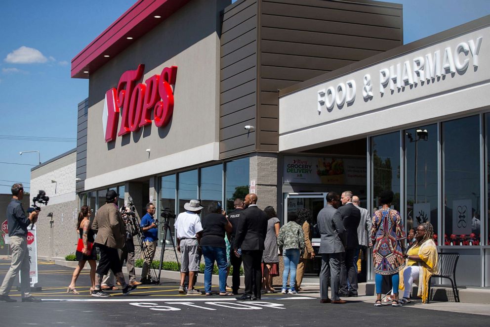 PHOTO: Select members of the community, employees and media take a tour of the renovated Tops Friendly Market, July 14, 2022, the day before reopening, in Buffalo, N.Y. 