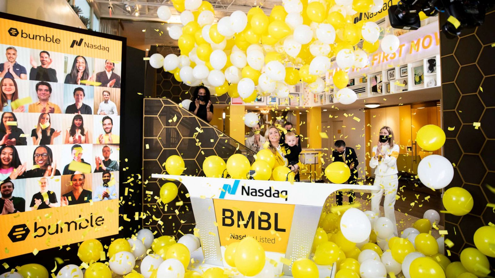 PHOTO: Bumble founder Whitney Wolfe Herd holds her 1-year-old son Bo as she rings the Nasdaq bell on Feb. 11, 2021.