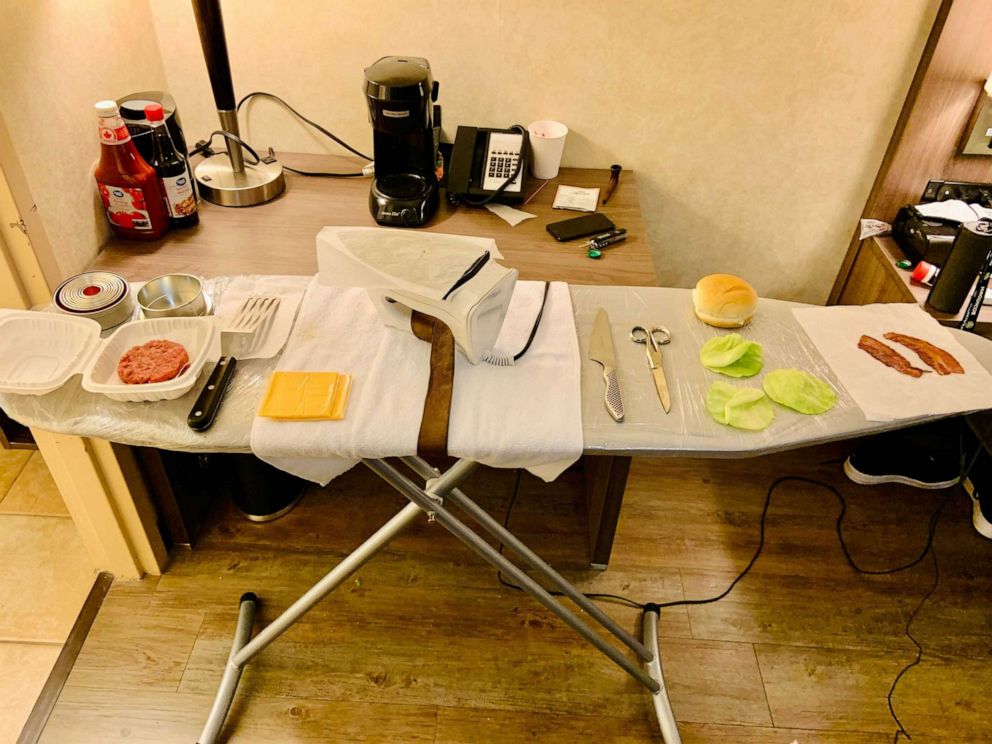 PHOTO: Jago Randles setup an entire cooking station on an ironing board to make bacon cheeseburgers in his Whistler, Canada hotel room.