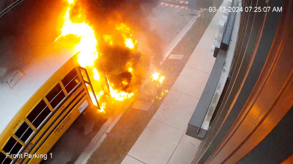 PHOTO: The school bus Kia Rousseve was driving caught fire on March 13, 2024.