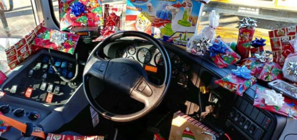 PHOTO: Gifts are arranged on a school bus in a photo shared by Lake Highlands Elementary school on Dec. 22, 2018. Curtis Jenkins, a school bus driver, purchased a Christmas gift for every child on his route.