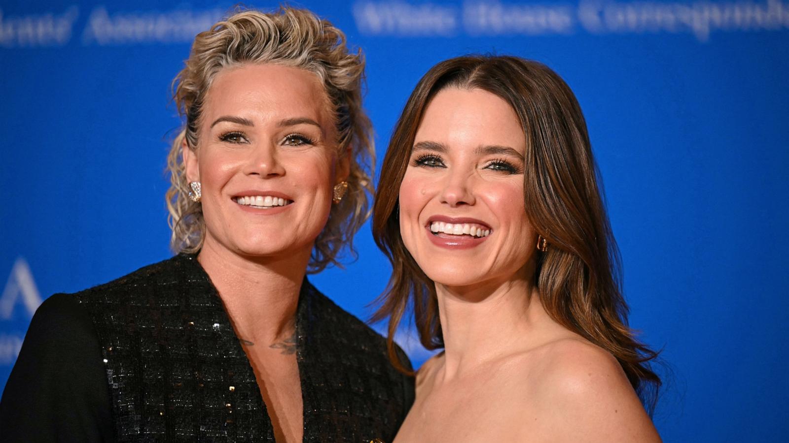 PHOTO: Former football player Ashlyn Harris and actress Sophia Bush arrive for the White House Correspondents' Association (WHCA) dinner at the Washington Hilton, in Washington, DC, on April 27, 2024.