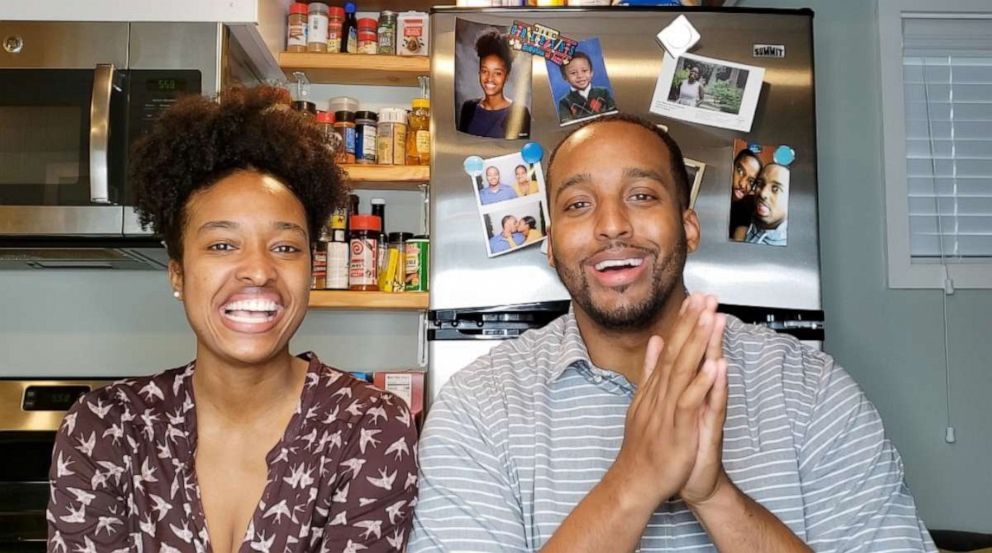 PHOTO: Kothney-Issa and Marek Bush filming a video for their YouTube channel inside their 200-square-foot home in Dallas, April 2020.