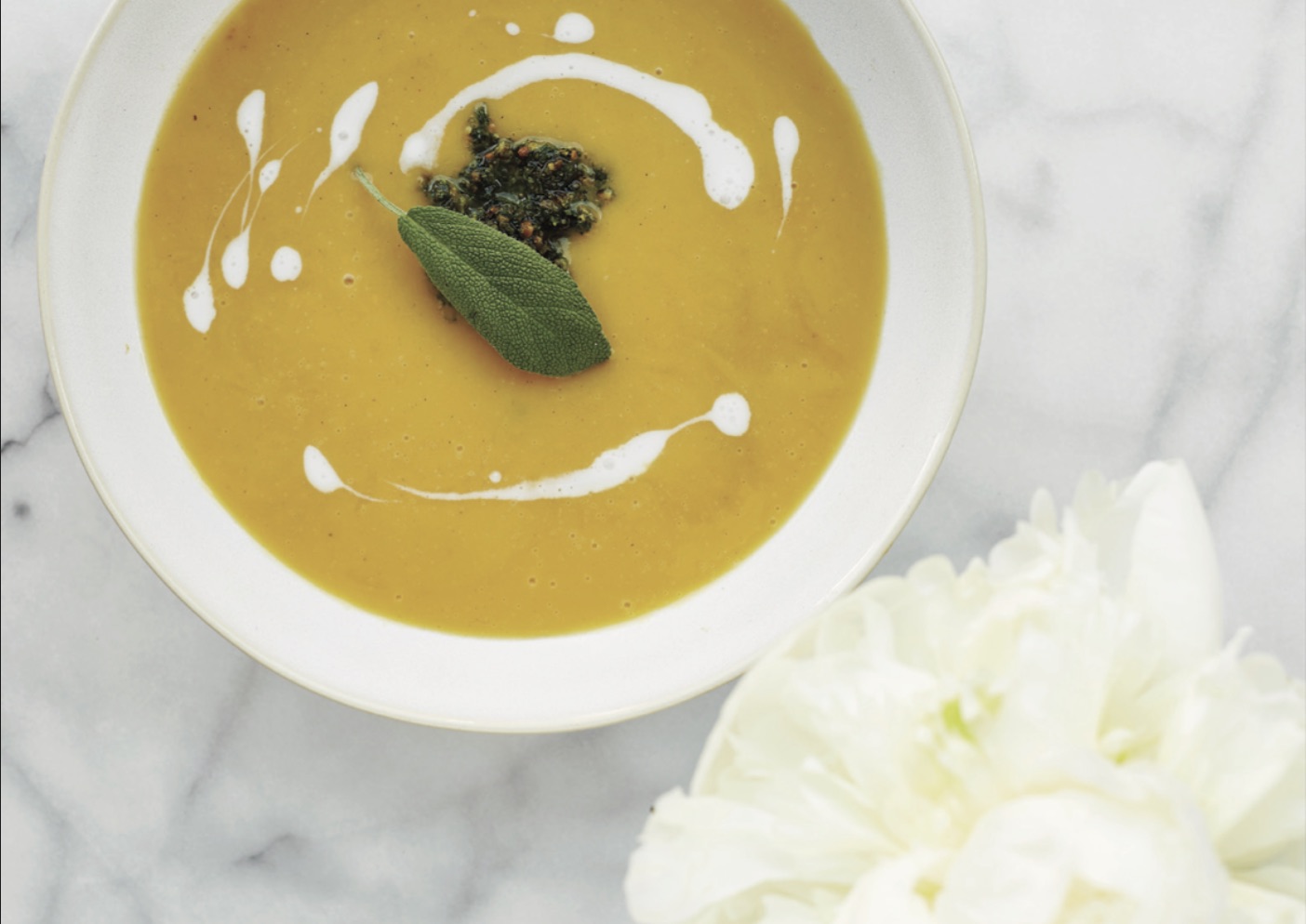 PHOTO: A bowl of butternut squash soup with sage pesto.