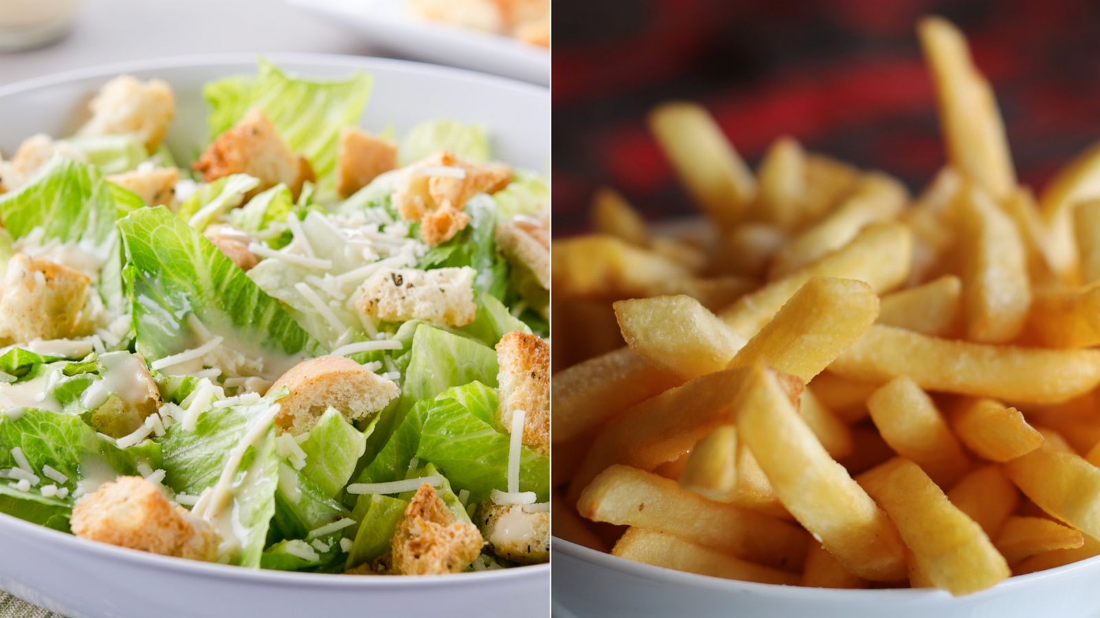 PHOTO: Close-ups of a Caesar salad and french fries in bowl.