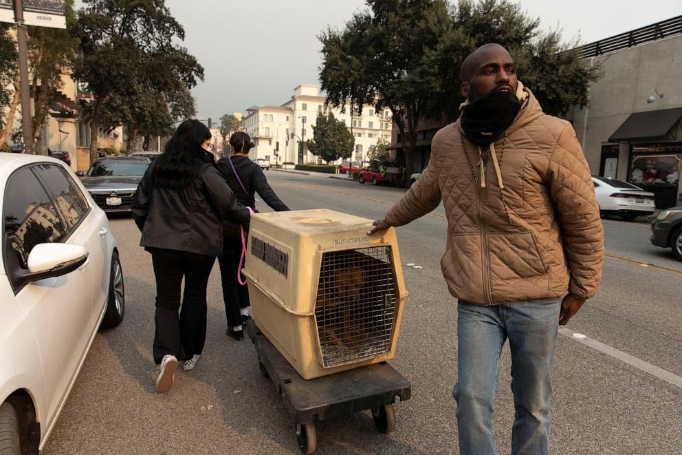 PHOTO: Evacuated residents from the Eaton Fire, carry a kennel with a dog as they seek shelter for it, at the Pasadena Humane Society in Pasadena, Calif., Jan. 8, 2025.