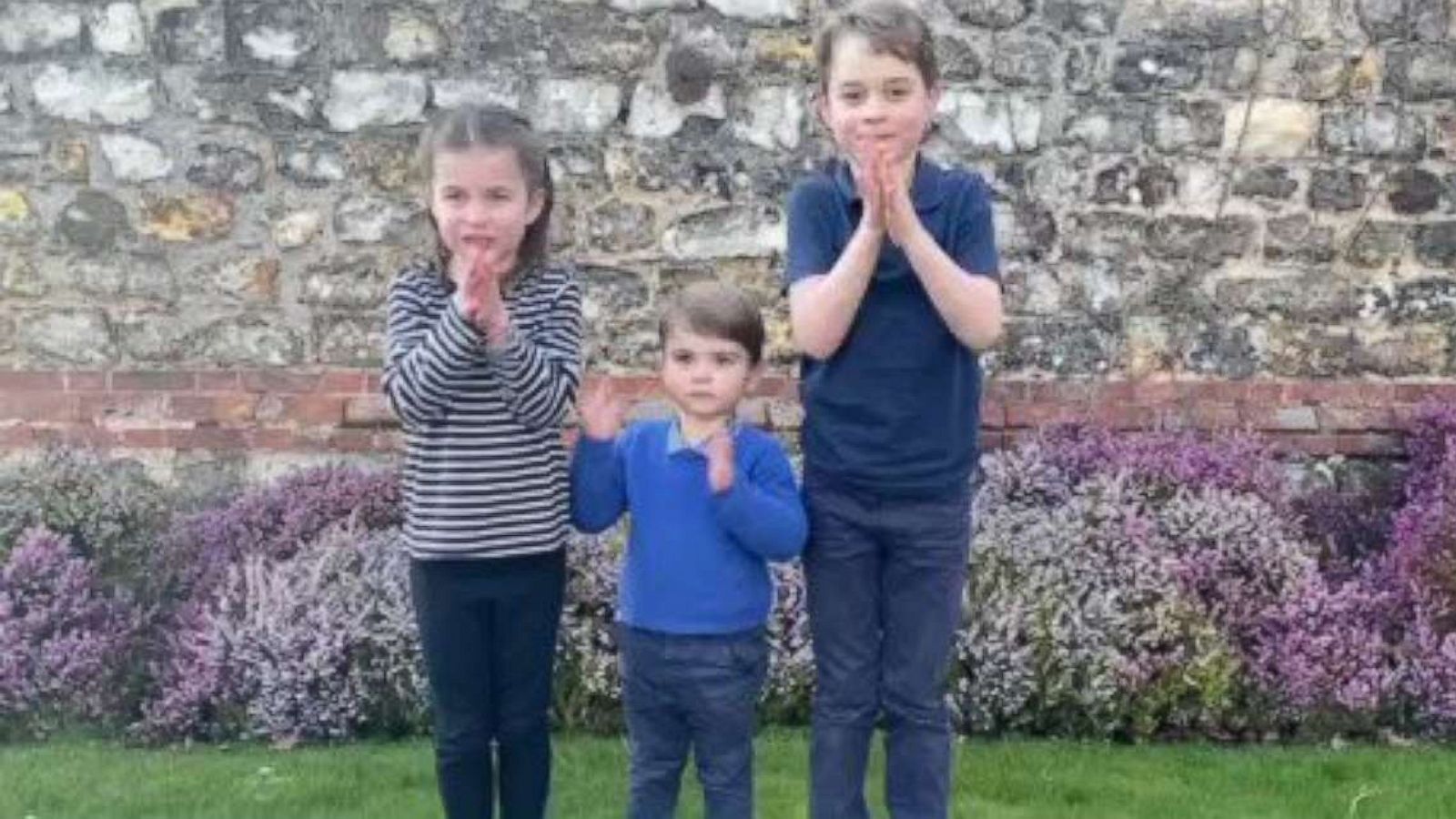 PHOTO: A still from a video posted to Kensington Palace's Twitter account shows Princess Charlotte, Prince Louise, Prince George of Cambridge clapping in their backyard in London, March 26, 2020.