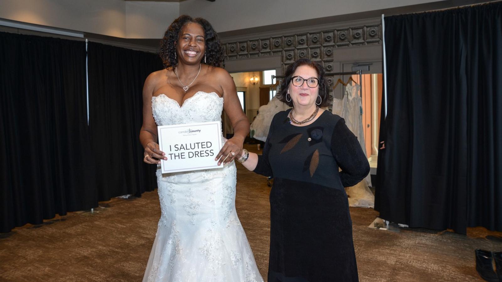 PHOTO: Amala Sanders, a retired Army motor sergeant, found her wedding dress through a New Jersey county’s wedding dress giveaway event for veterans and first responders. Sanders is pictured with Camden County Commissioner Melinda Kane.