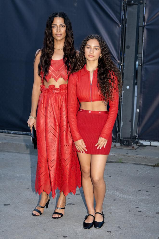 PHOTO: Camila Alves and daughter Vida McConaughey pose outside the Hermes New York show in matching red looks, on June 6, 2024, in New York.