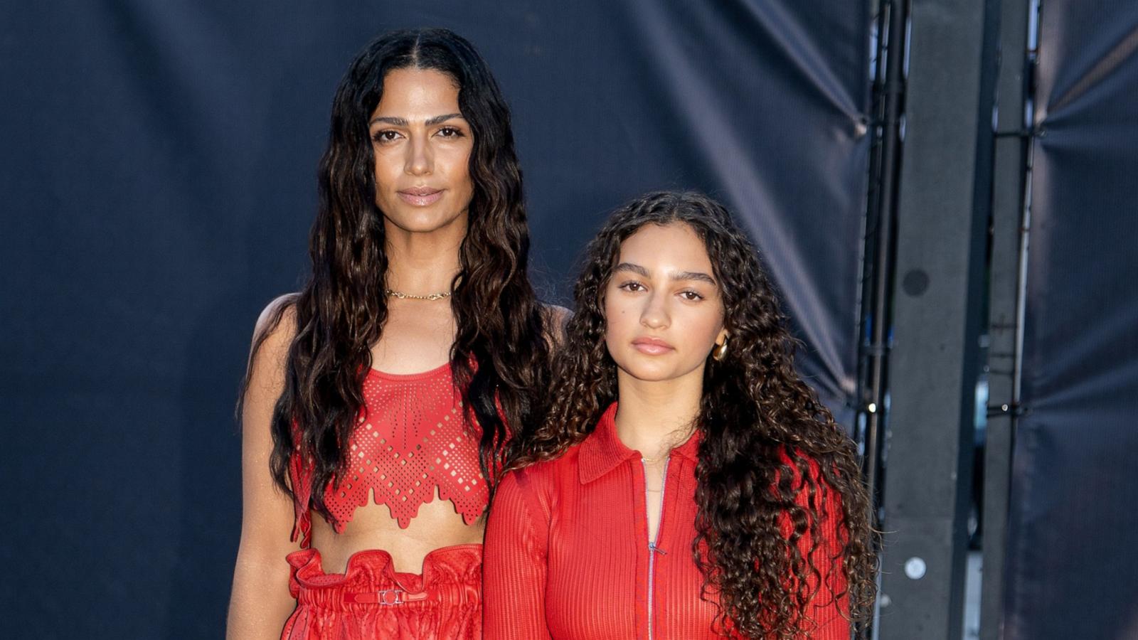 PHOTO: Camila Alves and daughter Vida McConaughey pose outside the Hermes New York show in matching red looks, on June 6, 2024, in New York.