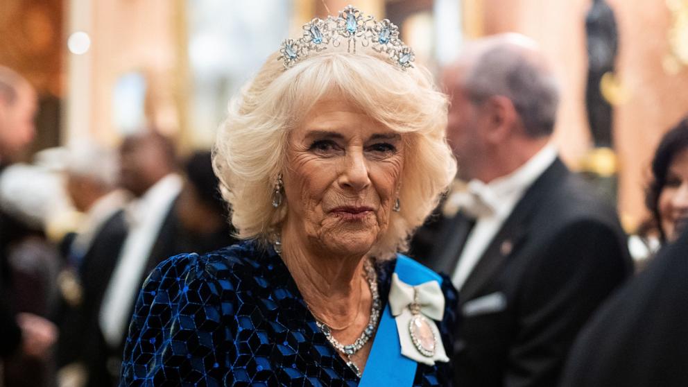 PHOTO: Queen Camilla arrives to the Diplomatic Corps reception at Buckingham Palace, Nov. 19, 2024, in London.