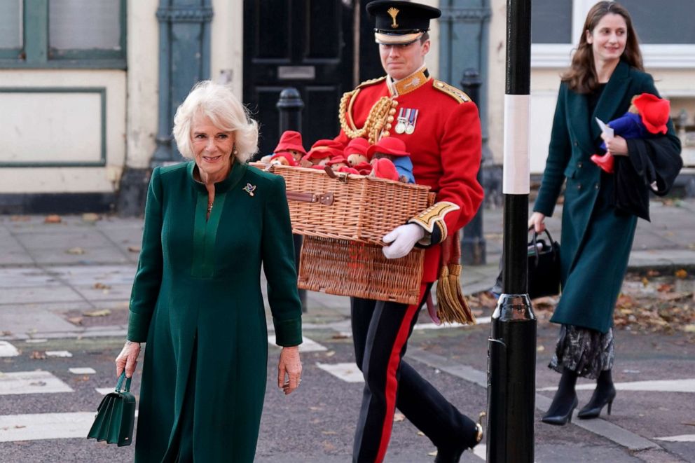 PHOTO: Camilla, the Queen Consort, arrives for a special teddy bears picnic at a Barnardo's Nursery where she personally delivered Paddington Bears and other cuddly toys, which were left as tributes to Queen Elizabeth, in London, Nov. 24, 2022. 