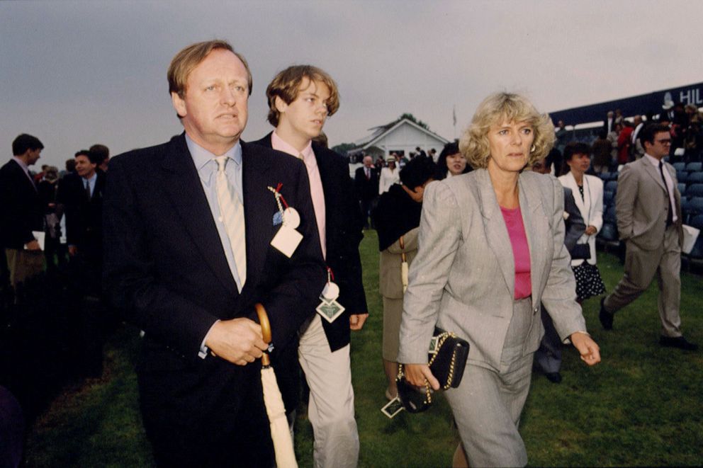 PHOTO: Andrew and Camilla Parker-Bowles with their son Tom Parker Bowles attend the Queen's Cup polo match at Windsor, England, on June 7, 1992.